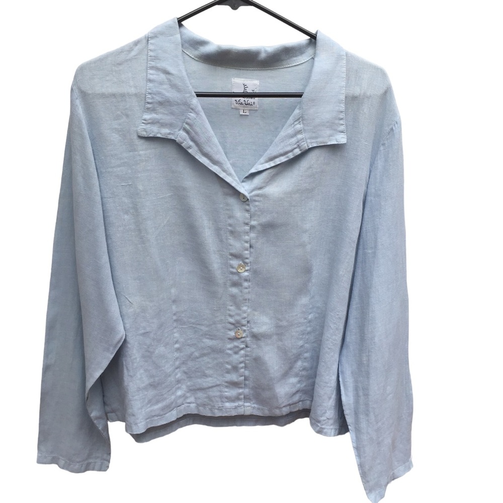 Vie Vai Pale Blue 100% Linen Top Blouse Long Sleeve Size L EUC